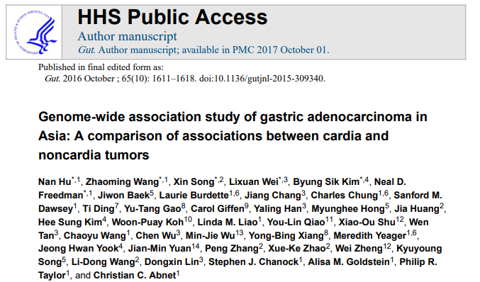15、Genome-wide association study of gastric adenocarcinoma in Asia: a comparison of associations between cardia and non-cardia tumours.
