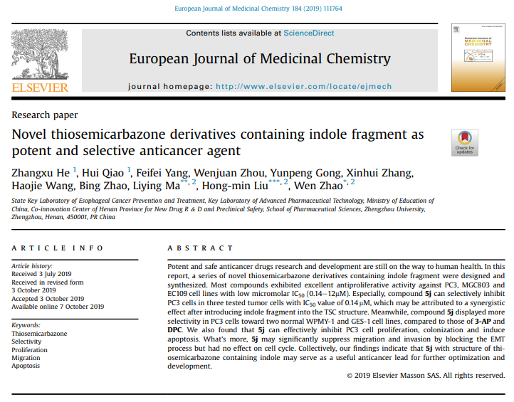 39、Novel thiosemicarbazone derivatives containing indole fragment as potent and selective anticancer agent.