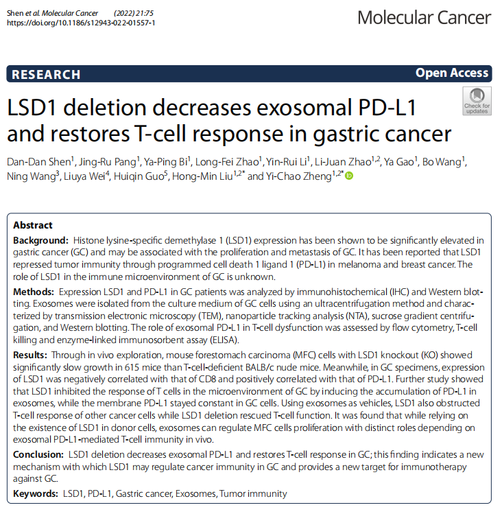 94、LSD1 deletion decreases exosomal PD-L1 and restores T-cell response in gastric cancer