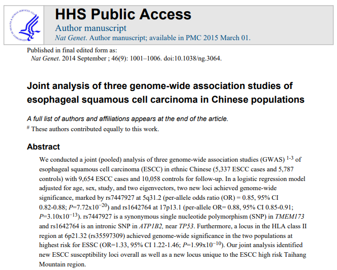 14、Joint analysis of three genome-wide association studies of esophageal squamous cell carcinoma in Chinese populations.