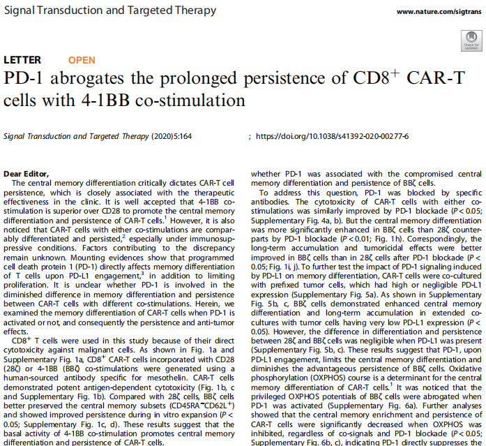 84、PD-1 abrogates the prolonged persistence of CD8+ CAR-T cells with 4-1BB co-stimulation