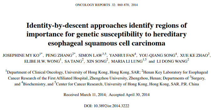 13、Identity-by-descent approaches identify regions of importance for genetic susceptibility to hereditary esophageal squamous cell carcinoma.