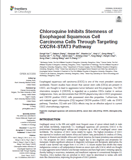 56、Chloroquine Inhibits Stemness of Esophageal Squamous Cell Carcinoma Cells Through Targeting CXCR4-STAT3 Pathway