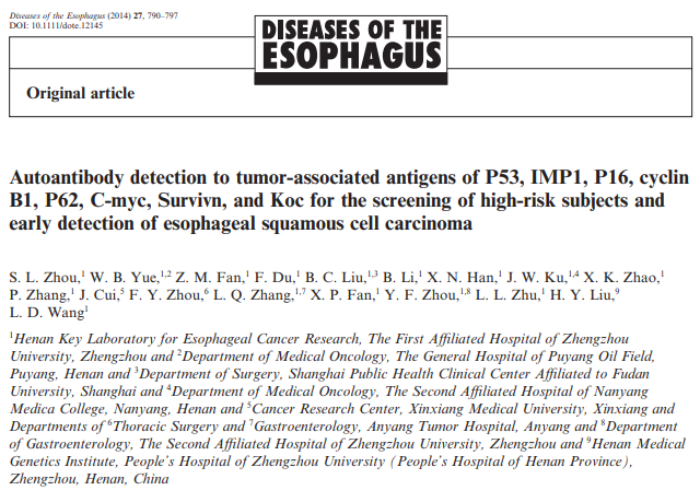 9、Autoantibody detection to tumor-associated antigens of P53, IMP1, P16, cyclin B1, P62, C-myc,Survivn, and Koc for the screening of high-risk subjects and early detection of esophageal squamous cell carcinoma.